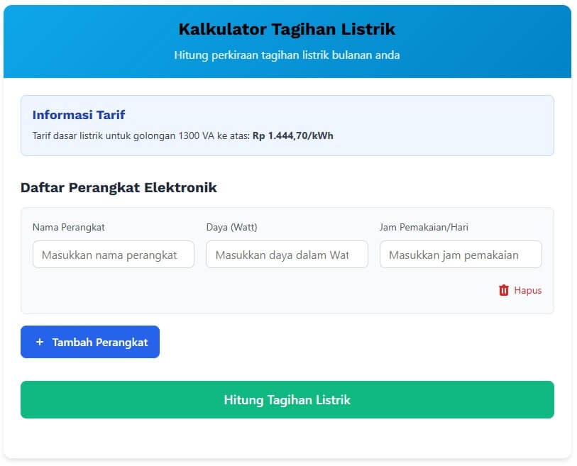Kalkulator Tagihan Listrik PLN Online Toko Progress