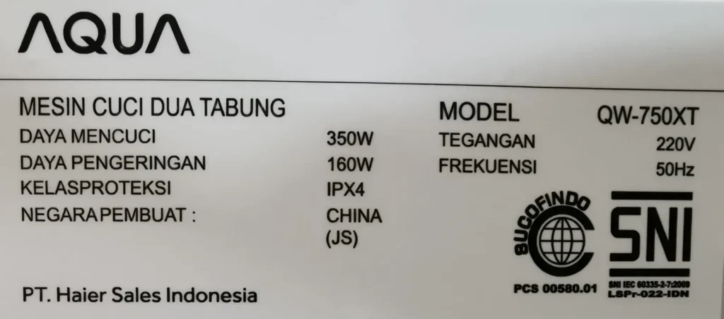 Spesifikasi Mesin Cuci Aqua QW-750XT