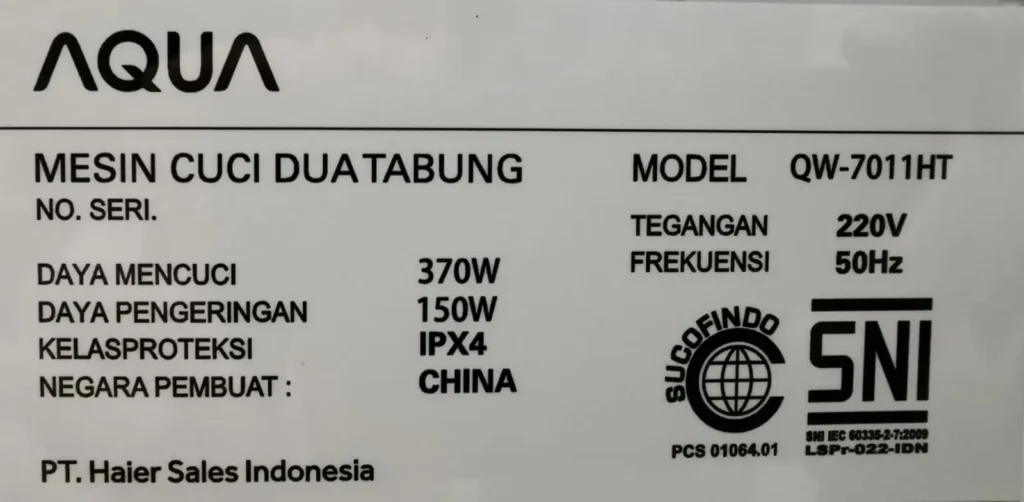 Spesifikasi Mesin Cuci Aqua QW-7011HT