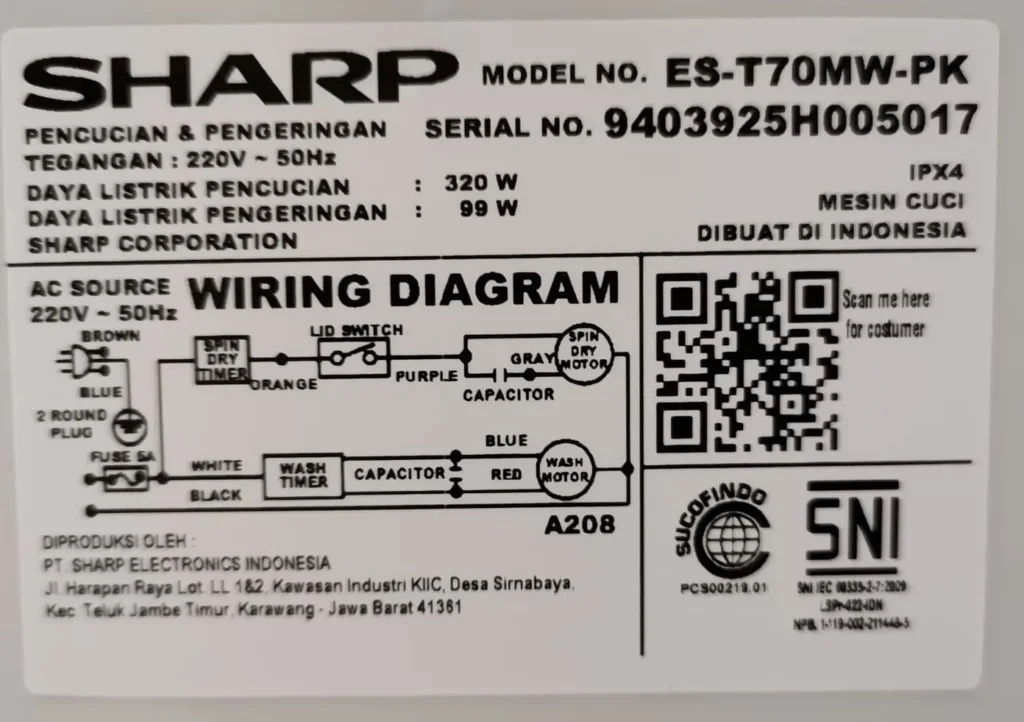 Spesifikasi Mesin Cuci Sharp ES-T70MW