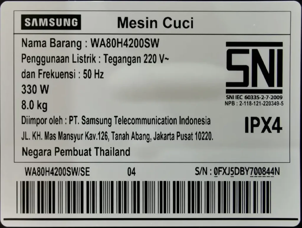 Spesifikasi Mesin Cuci Samsung WA80H4200