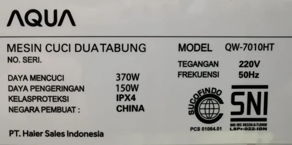 Spesifikasi Mesin Cuci Aqua QW-7010HT