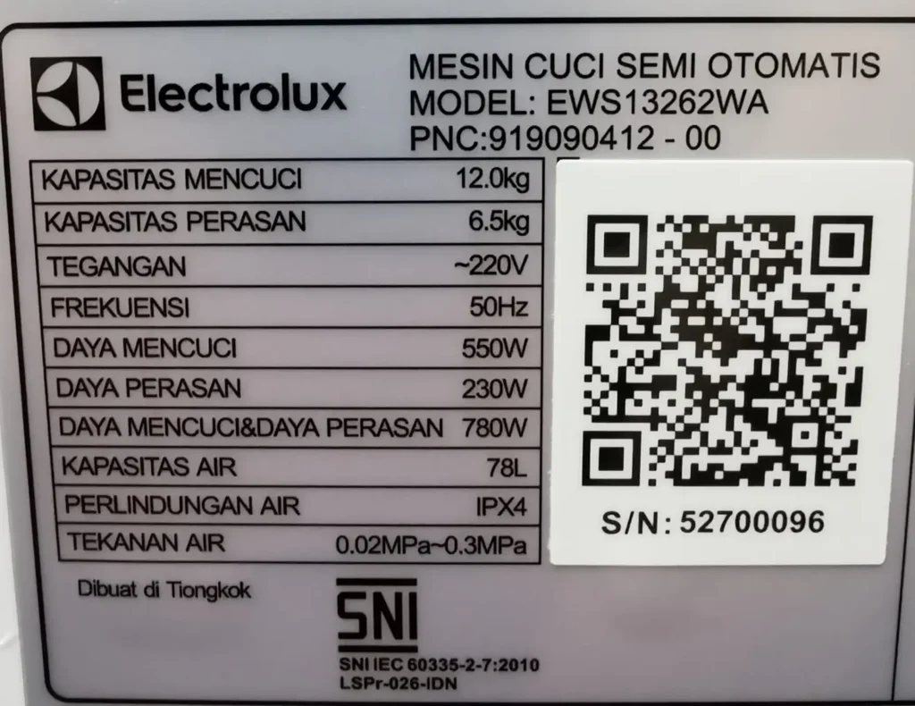 Spesifikasi Electrolux 2 Tabung EWS13262WA
