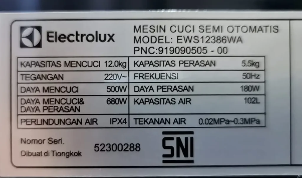 Spesifikasi Mesin Cuci Electrolux EWS12386WA