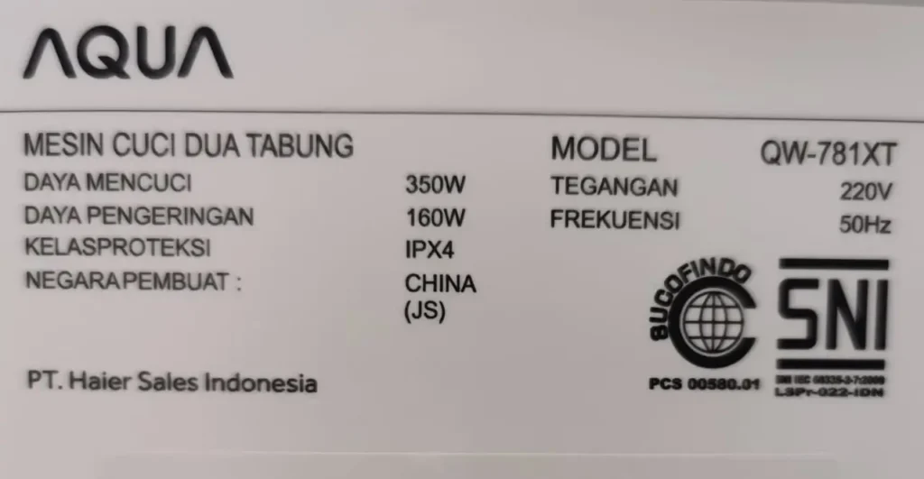 Spesifikasi Mesin Cuci Aqua QW-781XT