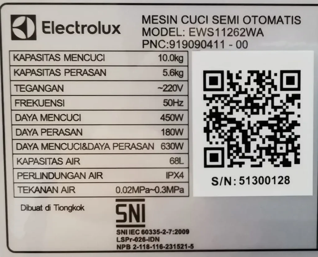 Spesifikasi Mesin Cuci Electrolux EWS11262WA