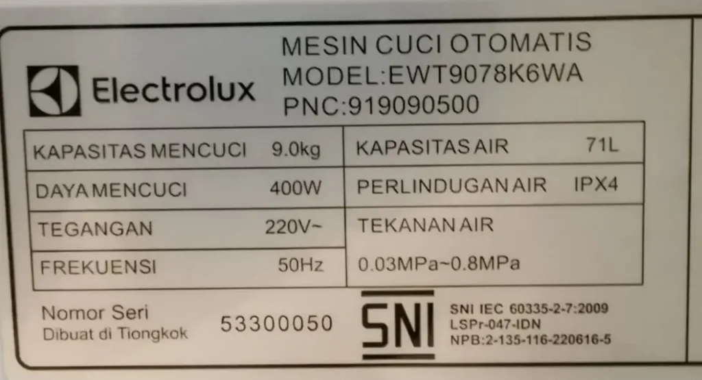 Spesifikasi Mesin Cuci Electrolux EWT9078K6WA