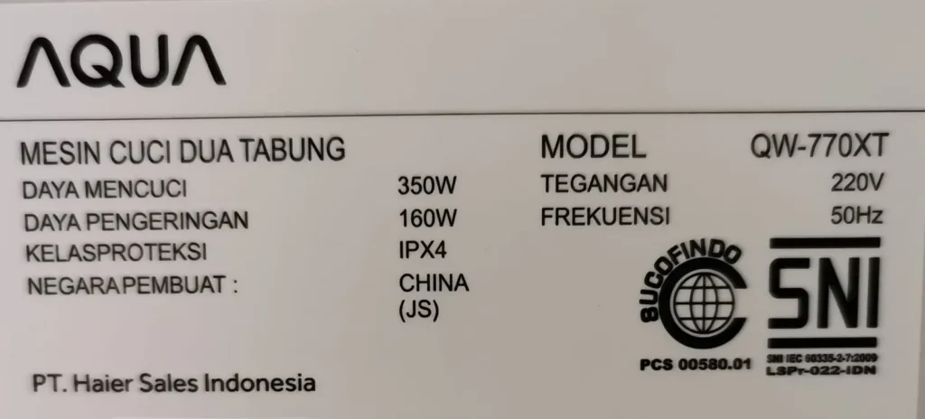 Spesifikasi Mesin Cuci Aqua QW-770XT