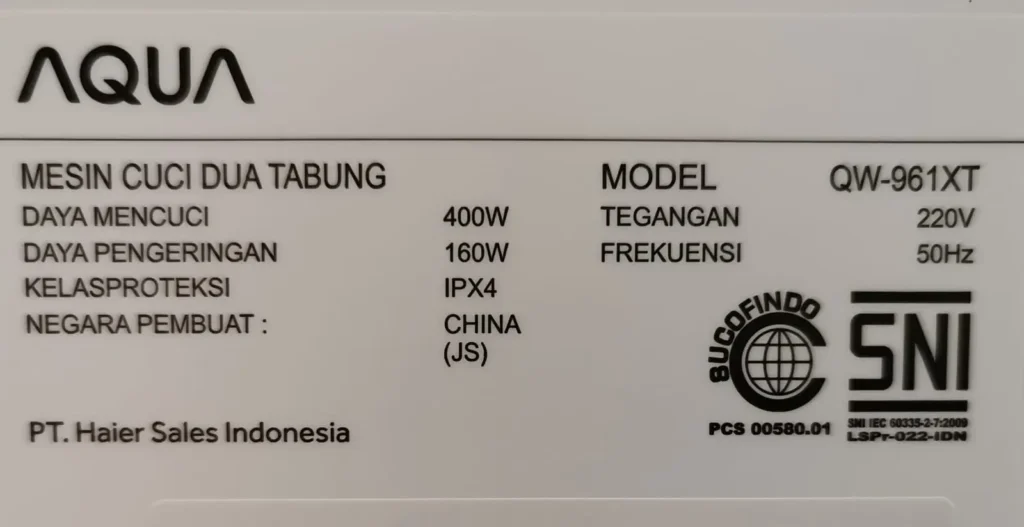 Spesifikasi Mesin Cuci Aqua QW-961XT