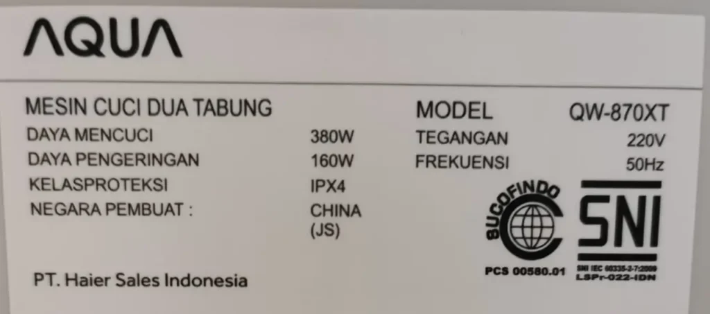 Spesifikasi Mesin Cuci Aqua QW-870XT