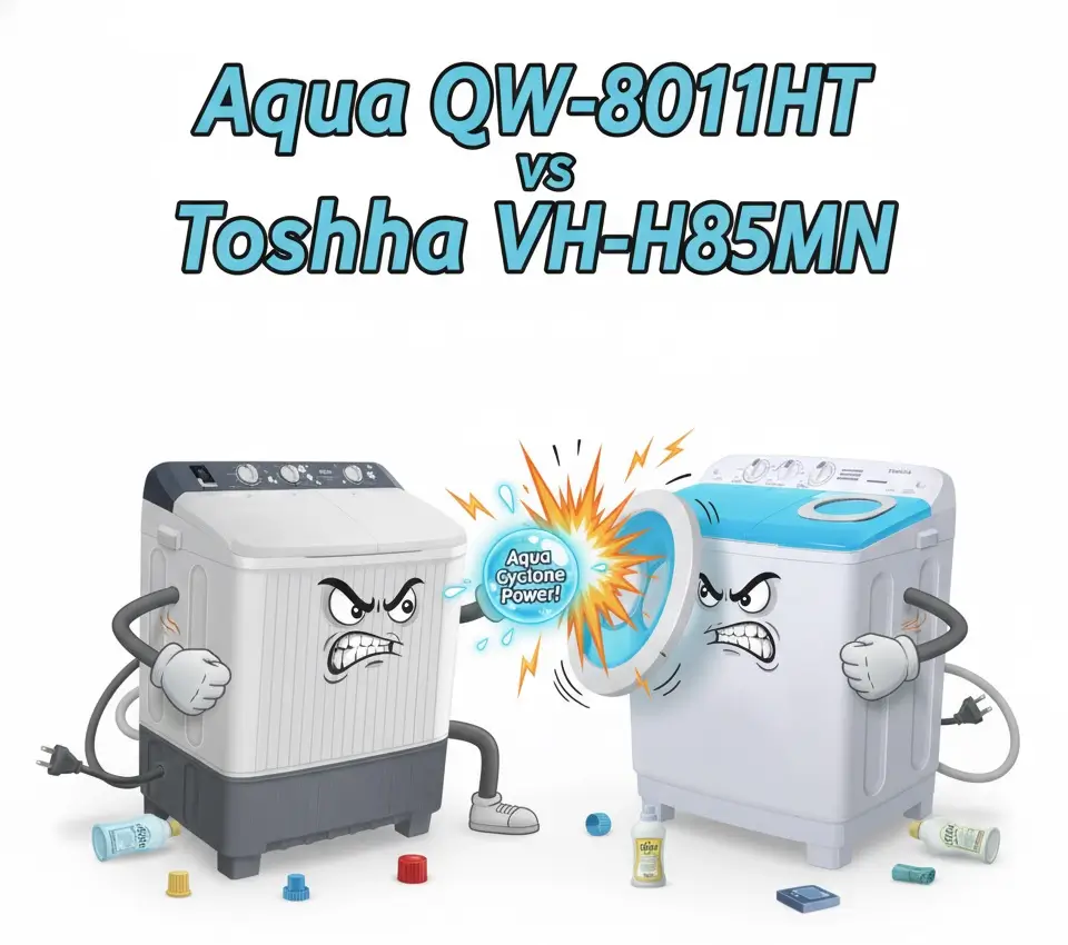 Mesin Cuci 2 Tabung Aqua QW-8011HT vs Toshiba VH-H85MN
