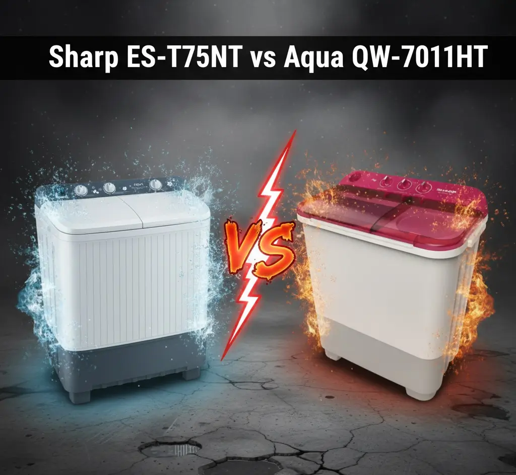 Adu Mesin Cuci 2 Tabung: Sharp ES-T75NT VS Aqua QW-7011HT