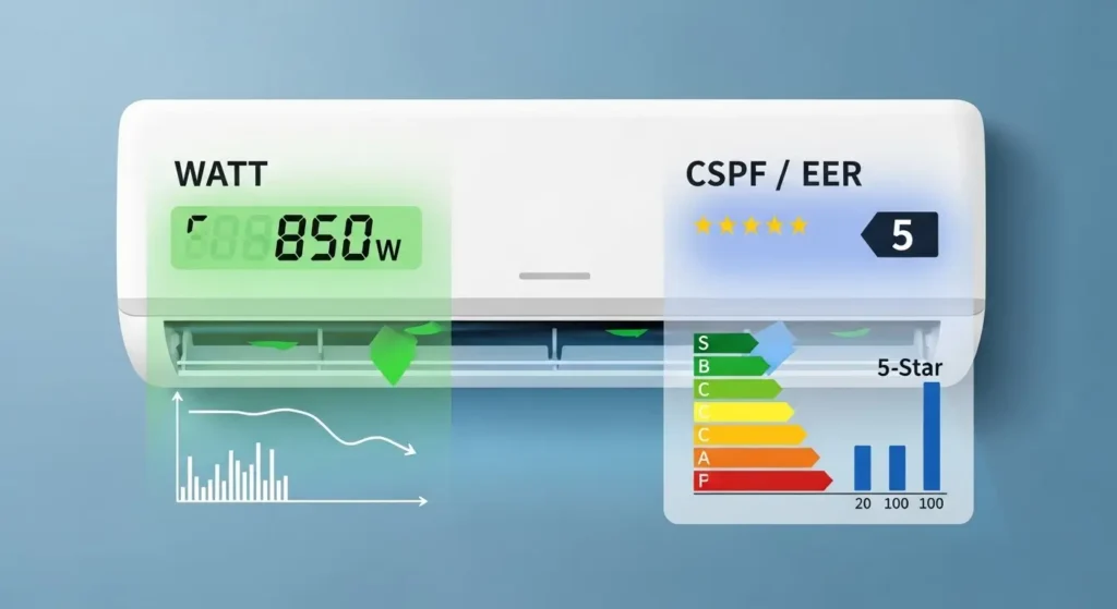 Perhatikan Daya (Watt) dan CSPF / EER