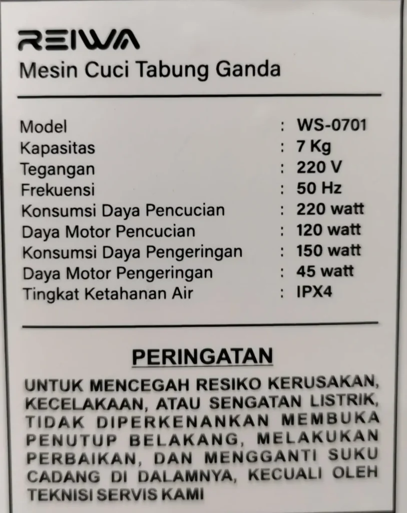 Spesifikasi Mesin Cuci Reiwa WS-0701RLBL