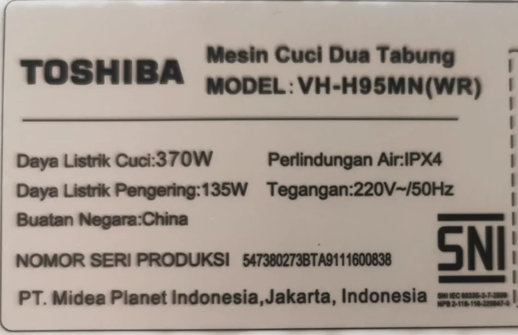 Spesifikasi Mesin Cuci 2 Tabung Toshiba VH-H95MN