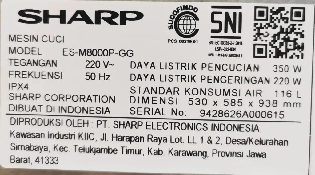 Spesifikasi Mesin Cuci Sharp ES-M8000P-GG